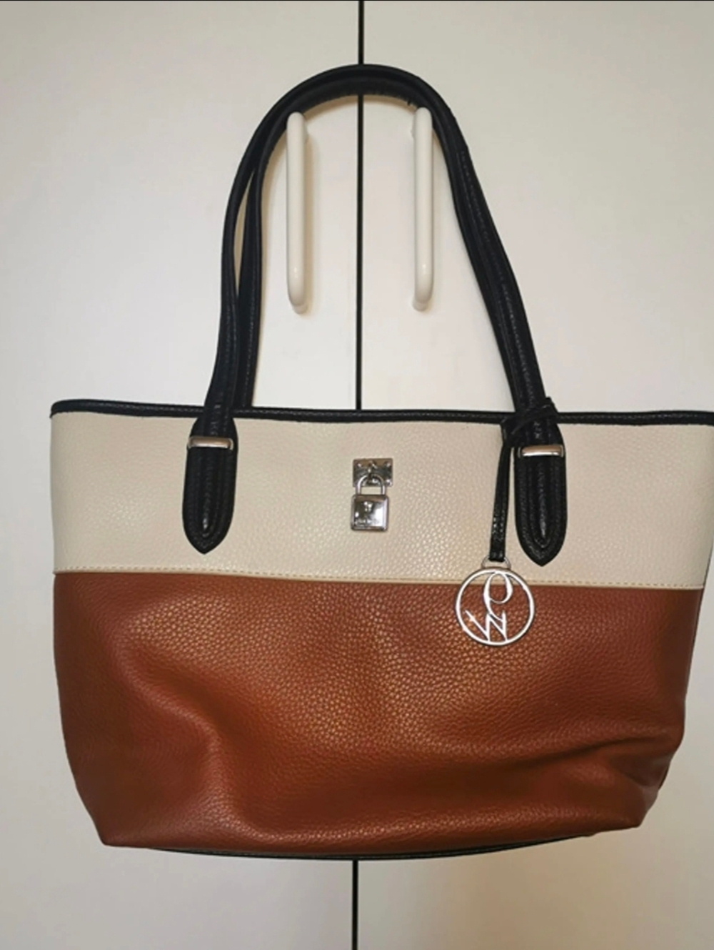 Nine West Two-Tone Tan and White Tote Bag with Black Handles